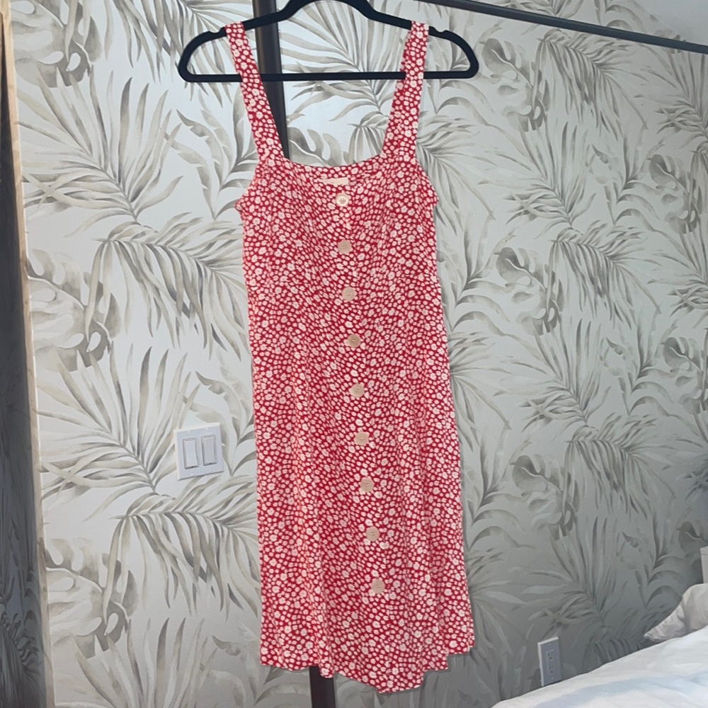 Sezane red flower print mini dress with button front, size 38
